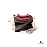 Furla tri-colour two-way handbag in black, white and maroon, open top view