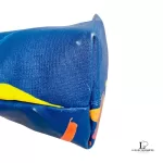 Desigual blue multicolour painterly tote bag, close-up of tan leather base