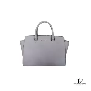 Pre-loved Michael Kors Selma grey Saffiano satchel, front view – secondhand designer, NZ