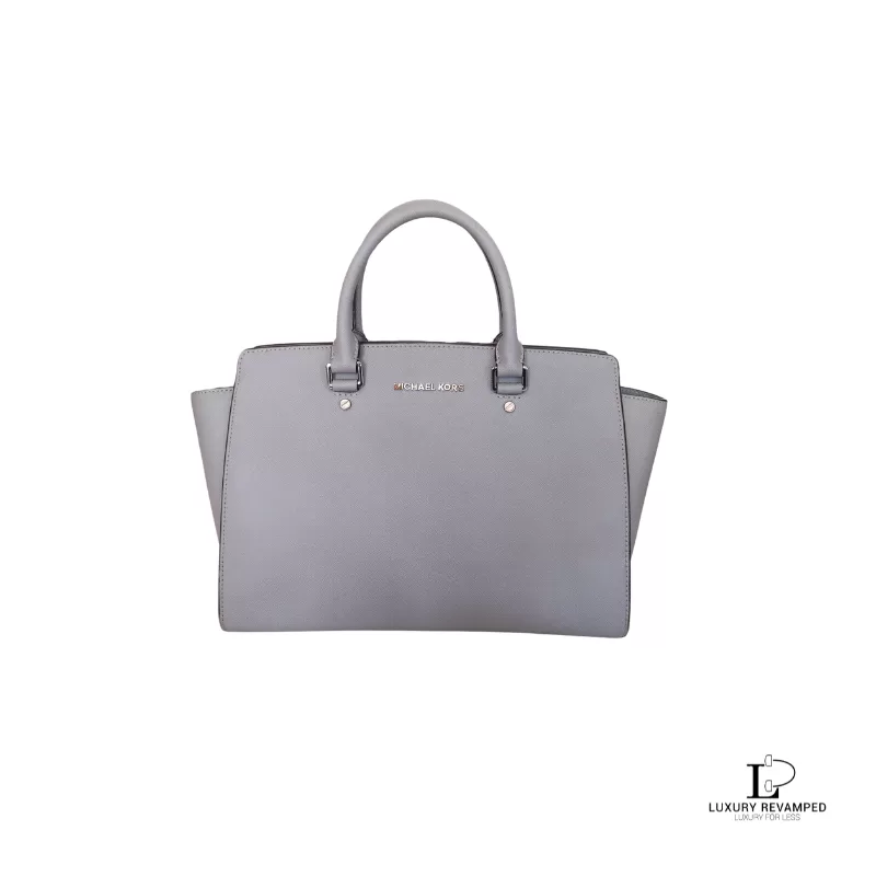Pre-loved Michael Kors Selma grey Saffiano satchel, front view – secondhand designer, NZ