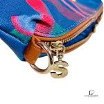 Desigual blue multicolour painterly tote bag, zip pull with letter charm