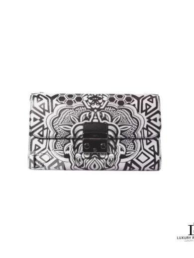 Furla wallet on chain in black and white graphic-print leather with dark push-lock, front view