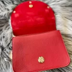 Furla red suede and leather clutch with gold-tone chain, interior on faux fur