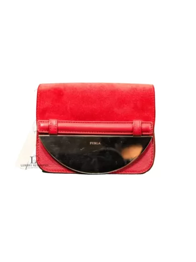 Furla red suede and leather clutch with gold-tone chain, front view