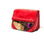Furla red suede and leather clutch with gold-tone chain, flap opened to show the metallic panel