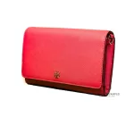 Tory Burch coral pink leather clutch with gold-tone chain, front studio view