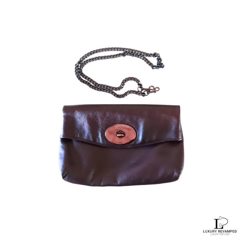 Pre-loved Coach maroon leather chain sling bag, front view with chain – secondhand designer, NZ