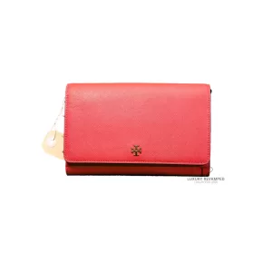 Tory Burch coral pink leather clutch with gold-tone chain, front view