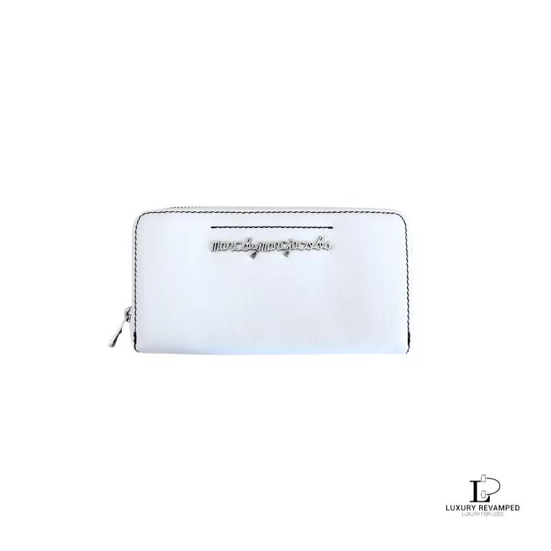 Pre-loved Marc by Marc Jacobs white leather zip-around long wallet, front view – secondhand designer, NZ