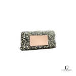 Tory Burch floral long zip wallet with pink panel, front view