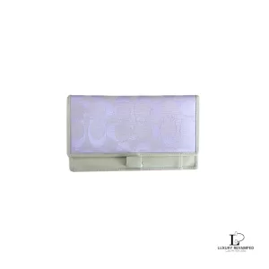 Pre-loved Coach lavender signature monogram billfold wallet, front view – secondhand designer, NZ
