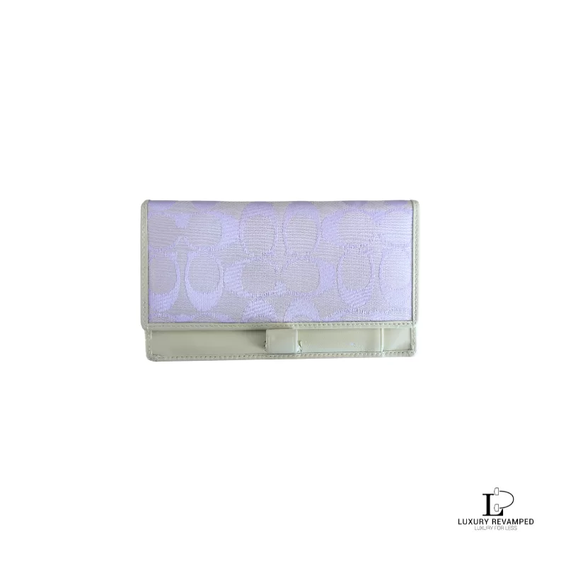 Pre-loved Coach lavender signature monogram billfold wallet, front view – secondhand designer, NZ