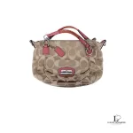Pre-loved Coach Kristin signature hobo bag with salmon pink leather trim, front view – Y2K bag, secondhand designer, NZ