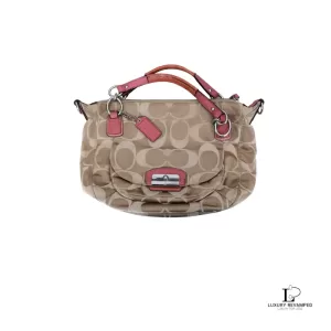 Pre-loved Coach Kristin signature hobo bag with salmon pink leather trim, front view – Y2K bag, secondhand designer, NZ