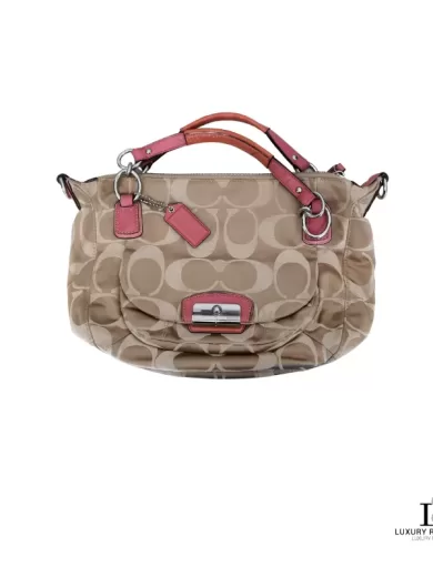 Pre-loved Coach Kristin signature hobo bag with salmon pink leather trim, front view – Y2K bag, secondhand designer, NZ