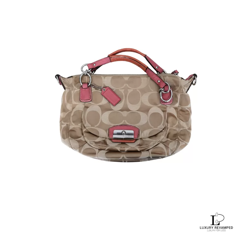 Pre-loved Coach Kristin signature hobo bag with salmon pink leather trim, front view – Y2K bag, secondhand designer, NZ