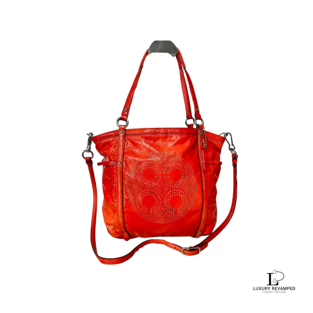 Pre-loved Coach orange patent leather two-way tote bag, front view – secondhand designer, NZ