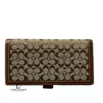 Coach brown signature monogram bifold wallet, front view of the signature monogram
