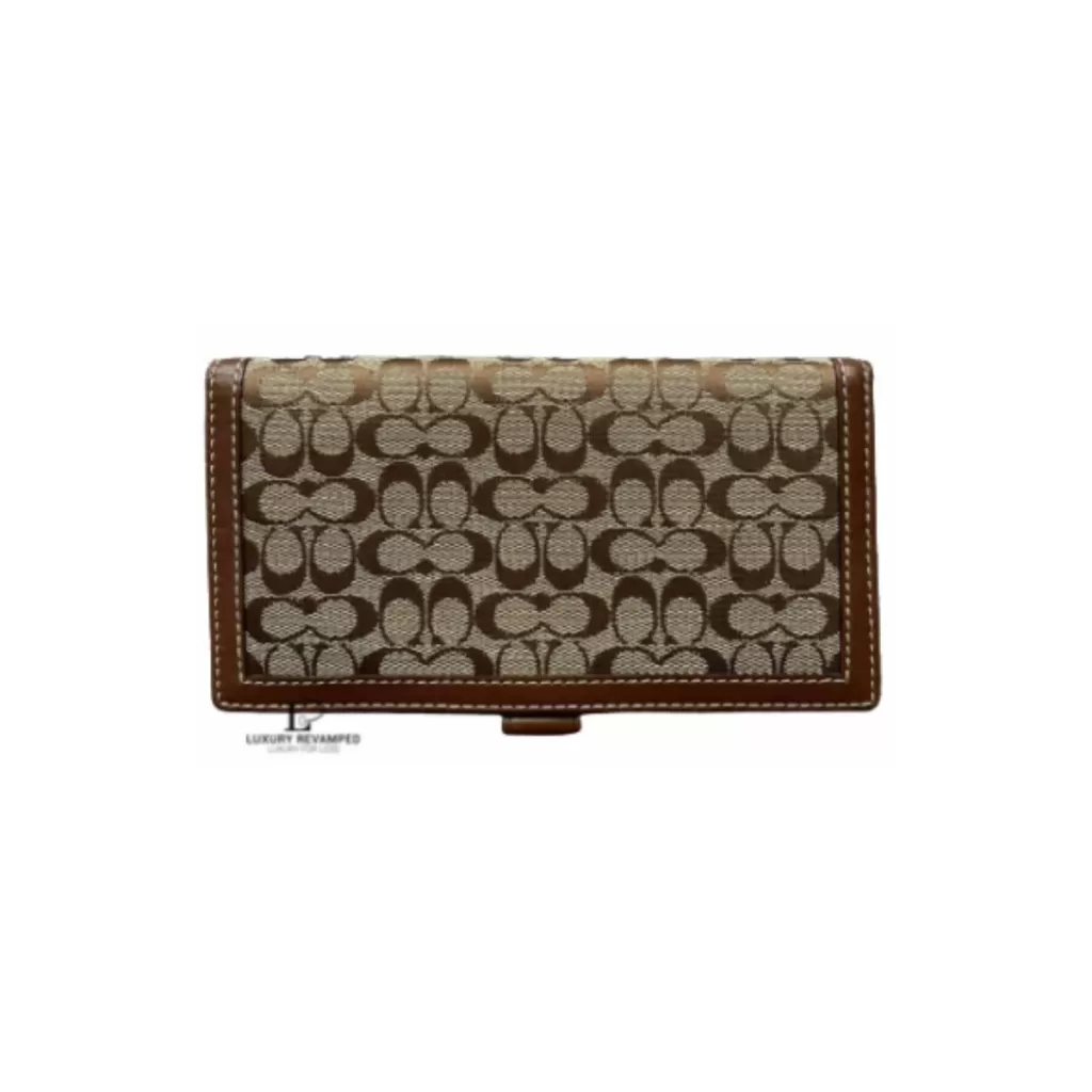 Pre-loved Coach brown signature monogram bifold wallet, front view – secondhand designer, NZ