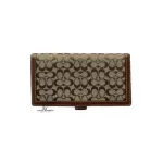 Pre-loved Coach brown signature monogram bifold wallet, front view – secondhand designer, NZ