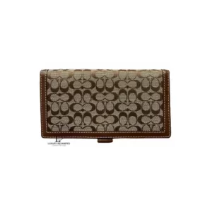 Pre-loved Coach brown signature monogram bifold wallet, front view – secondhand designer, NZ