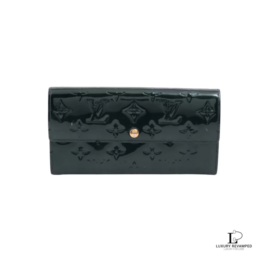 Pre-loved Louis Vuitton Vernis Portefeuille Sarah Blue Nuit long wallet, front view – secondhand designer, NZ