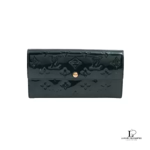 Pre-loved Louis Vuitton Vernis Portefeuille Sarah Blue Nuit long wallet, front view – secondhand designer, NZ