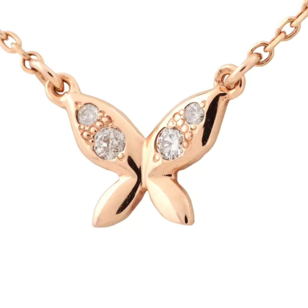 Pre-loved agete diamond butterfly 10K pink gold necklace, front view – secondhand designer, NZ