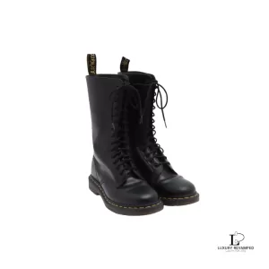 Pre-loved Dr. Martens 1914 black smooth leather tall boots 11855, size UK 6, front view – secondhand designer, NZ
