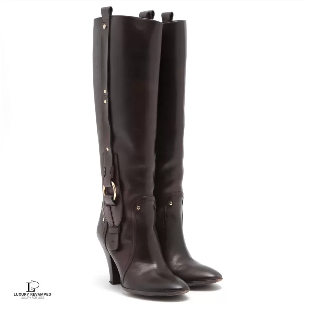 Pre-loved Celine Triomphe ebony calfskin long boots, size 36.5, front view – secondhand designer, NZ