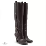 Pre-loved Celine Triomphe ebony calfskin long boots, size 36.5, front view – secondhand designer, NZ