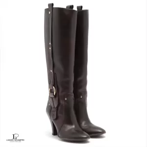 Pre-loved Celine Triomphe ebony calfskin long boots, size 36.5, front view – secondhand designer, NZ