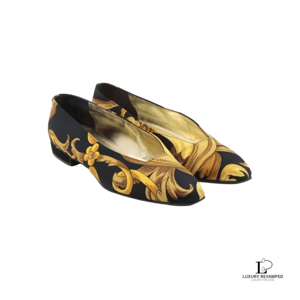 Pre-loved Hermes yellow and black scarf fabric flat shoes, size 36, front view – secondhand designer, NZ