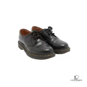 Pre-loved Dr. Martens black smooth leather 3 eye shoes, size UK 5, front view – secondhand designer, NZ