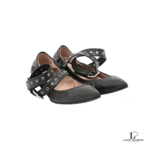 Pre-loved Valentino Garavani black leather pointed-toe ballet flats, size 36, front view – secondhand designer, NZ
