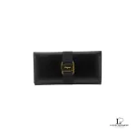 Pre-loved Salvatore Ferragamo Vara bow black leather long wallet, front view – secondhand designer, NZ