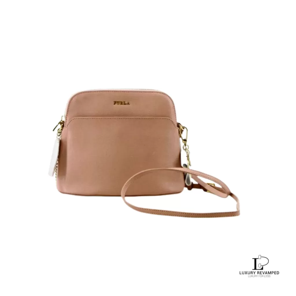 Pre-loved Furla blush pink leather chain shoulder bag, front view – secondhand designer, NZ