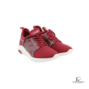 Pre-loved Emporio Armani EA7 red and white mesh men's sneakers, size US 9.5, front view – secondhand designer, NZ
