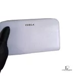 Furla light grey leather long zip wallet, view 3