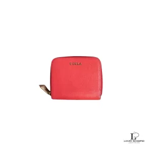 Pre-loved Furla red Saffiano leather short zip wallet, front view – secondhand designer, NZ