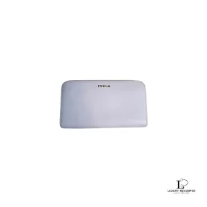 Pre-loved Furla light grey leather long zip wallet, front view – secondhand designer, NZ