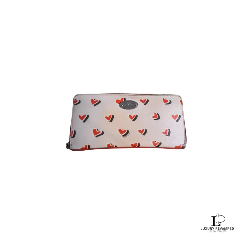 Pre-loved Coach red and cream heart-print PVC full zip long wallet, front view – secondhand designer, NZ