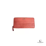 Pre-loved Coach salmon pink weave-style leather long full zip wallet, front view – secondhand designer, NZ