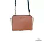 Pre-loved Michael Kors colour block pinkish brown and cream Saffiano leather shoulder bag, front view – secondhand designer, NZ