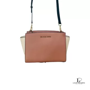 Pre-loved Michael Kors colour block pinkish brown and cream Saffiano leather shoulder bag, front view – secondhand designer, NZ