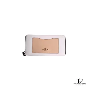 Pre-loved Coach white and light brown cross-grain leather accordion long zip wallet, front view – secondhand designer, NZ