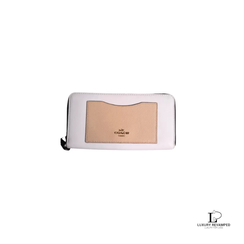 Pre-loved Coach white and light brown cross-grain leather accordion long zip wallet, front view – secondhand designer, NZ