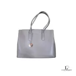 Pre-loved Furla greyish brown leather career handbag, front view – secondhand designer, NZ