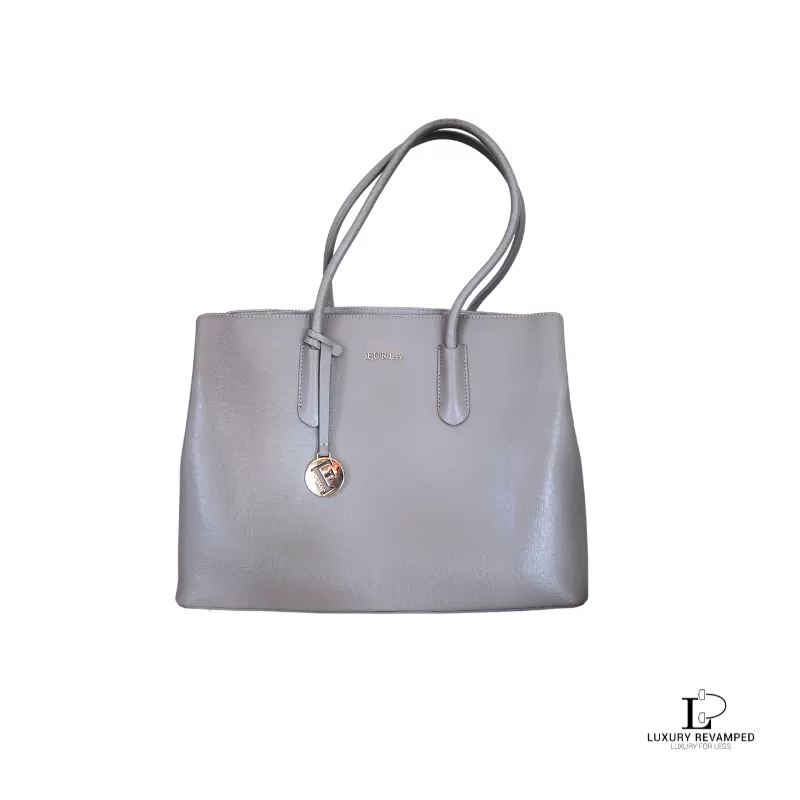 Pre-loved Furla greyish brown leather career handbag, front view – secondhand designer, NZ