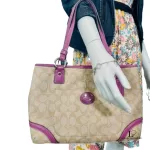 Coach Signature lavender and light brown monogram PVC shoulder bag, view 12